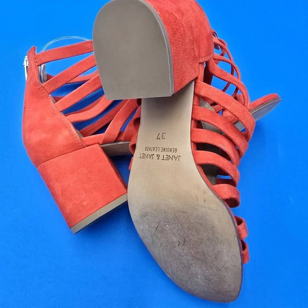 Janet & Janet Orange Suede Gladiator Block Heel Strappy Sandals 37 Made in Italy